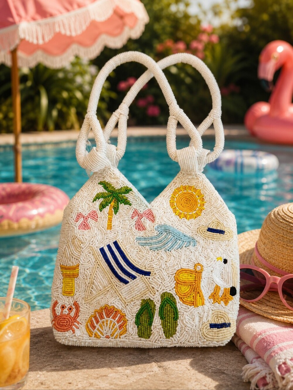 Beaded Bikini Palm Beach Blanket Bucket Bag Colorful Handmade In India NWT Viral